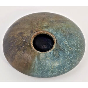 Vintage Artisan Crafted Small Brown Glazed Mid Century Modern Flat Mushroom Vase